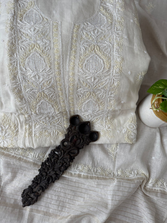 White embroidery premium mull chanderi lucknowi chickenkari with moti work hand embroidery three piece suit