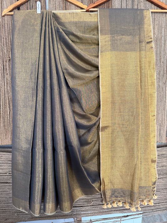 GREY COPPER TISSUE LINEN ZARI SARI WITH WOVEN RED BORDER
