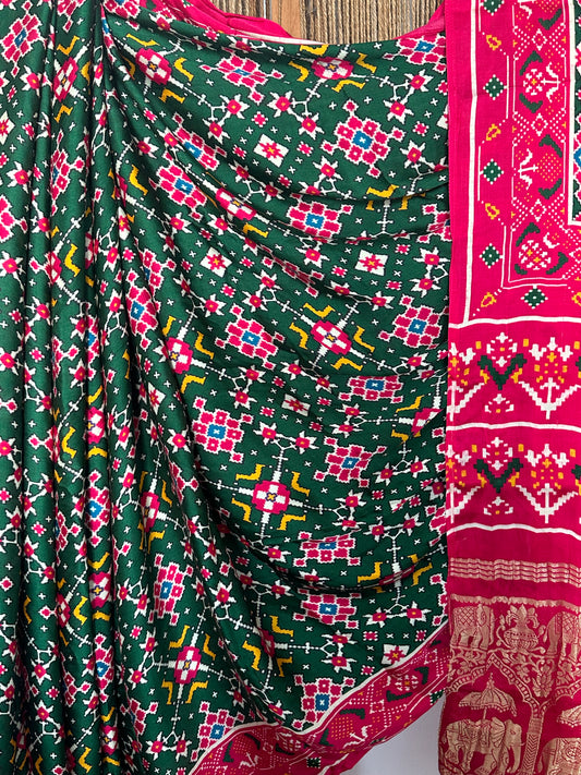 BOTTLE GREEN MODAL SILK PATOLA PRINT SARI WITH ZARI BORDER