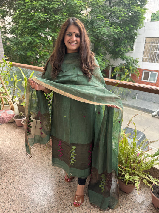 Teal Green Jamdani Tissue linen  Handwoven kurta set