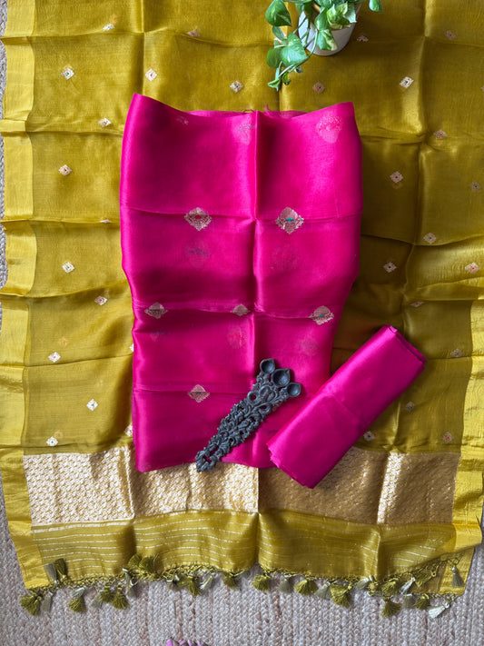 Wild Berry Pink kora silk certified handloom banarsi kadwa booti meenakari three piece suit
