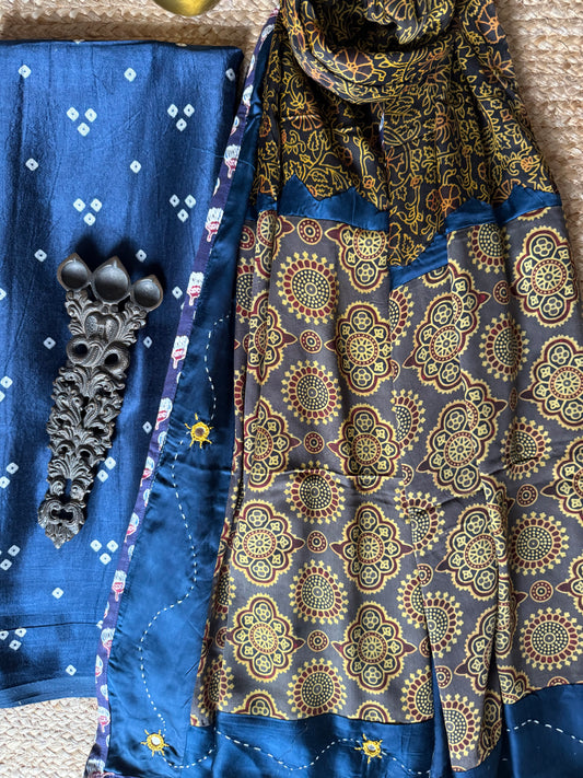 BLUE MASHRU SILK KURTA WITH AJRAKH PATCHWORK BANDHANI HANDCRAFTED  MODAL SILK DUPATTA PWK-9
