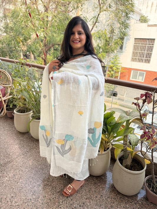 WHITE  JAMDANI LINEN  KURTA SET LJS-302