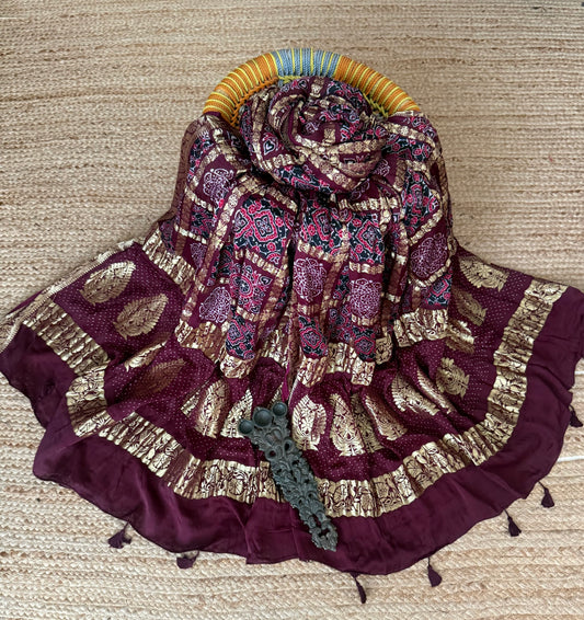 Rasin Purple modal silk ajrakh handcrafted gharchola dupatta with ajrakh print in nakshi border