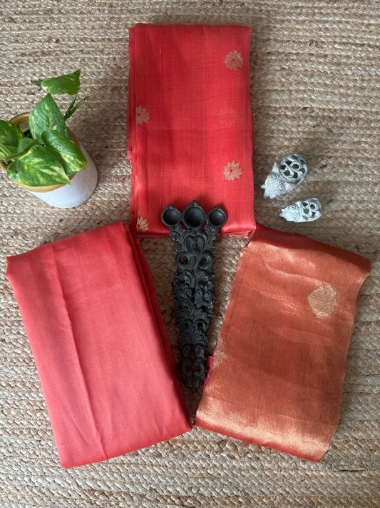 Peach pink kora silk certified handloom banarsi kadwa booti three piece suit