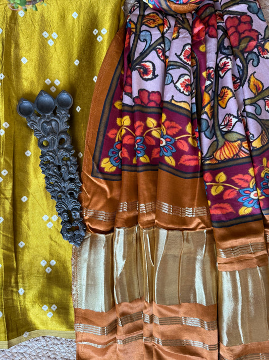 MUSTARD YELLOW THREE DOTS MASHRU SILK KURTA WITH PATOLA HANDCRAFTED MODAL SILK DUPATTA PS-220
