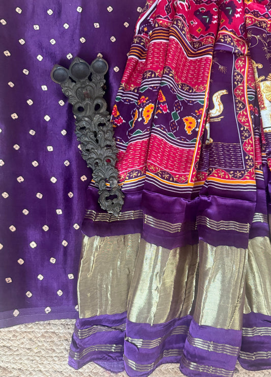 Purple mashru silk kurta with patola handcrafted modal silk dupatta