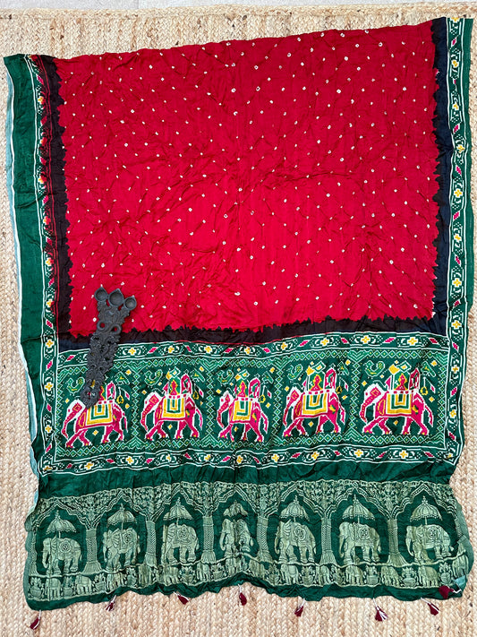 RED SILK BANDHANI DUPATTA WITH PATOLA  PRINT IN NAKSHI BORDER