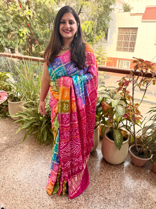 MULTI COLOUR & PINK GAJJI SILK GHARCHOLA RAI BANDHANI GAJJI SARI  BS- 208