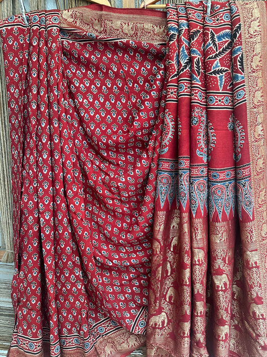 MAROON DOLA  SILK AJRAKH ZARI BORDER SARI