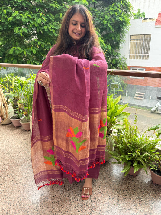 WINE MAROON TISSUE LINEN JAMDANI HANDWOVEN KURTA SET