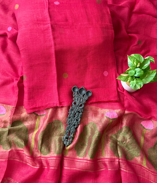 RASPBERRY PINK PURE JAYSHREE  LINEN JAMDANI HANDWOVEN KURTA SET