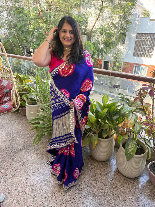 BLUE RAI BANDHANI CHAKRA THEME GAJJI SILK SARI WITH HANDEMBROIDERY GOTTA PATTI  BS- 406