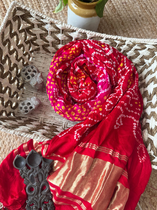 Red  & pink handwoven handcrafted gajji silk chandmukhi dupatta