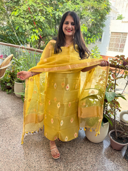 Saffron Yellow Kora silk certified handloom Banarsi kadwa Booti three piece suit