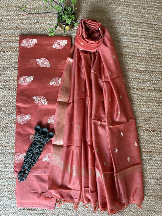 Peach Pink Chanderi handloom Banarsi Booti three piece suit