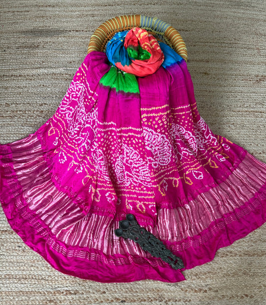 Multi rai bandhani gajji silk Handcrafted Gharchola dupatta
