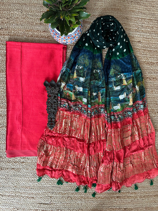 RED SOLID MASHRU SILK KURTA WITH BANDHANI PICHWAI HANDCRAFTED  MODAL SILK DUPATTAS PS- 10167