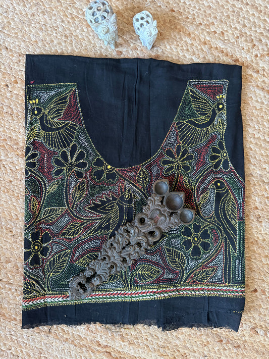 BLACK COTTON SILK KANTHA WORK UN STITCHED BLOUSE PIECE