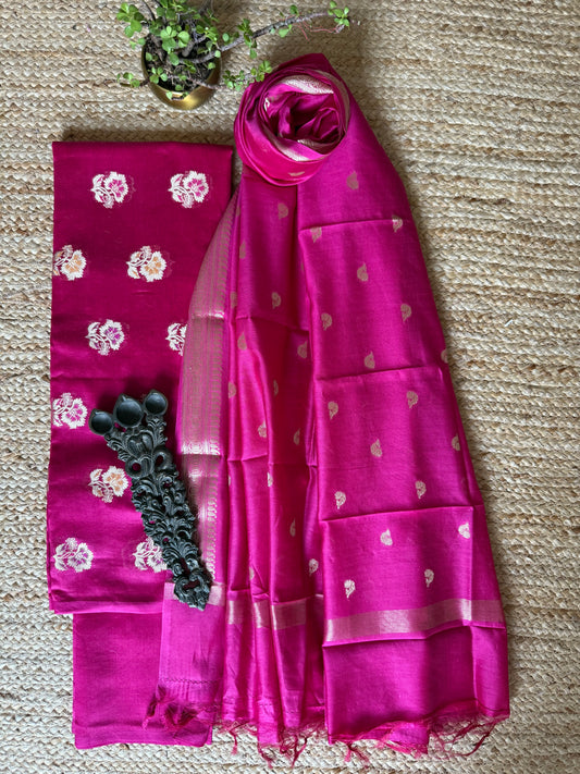 Hot pink Chanderi handloom Banarsi Booti three piece suit
