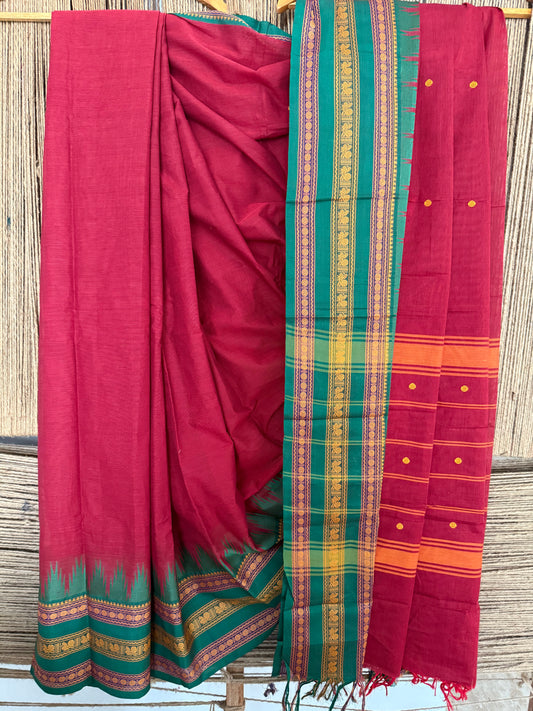 MAROON& GREEN TRADITIONAL KANCHI COTTON SARI WITH ELEPHANT,PEACOCK & PAISLEY DESIGN WITH RUNNING BLOUSE