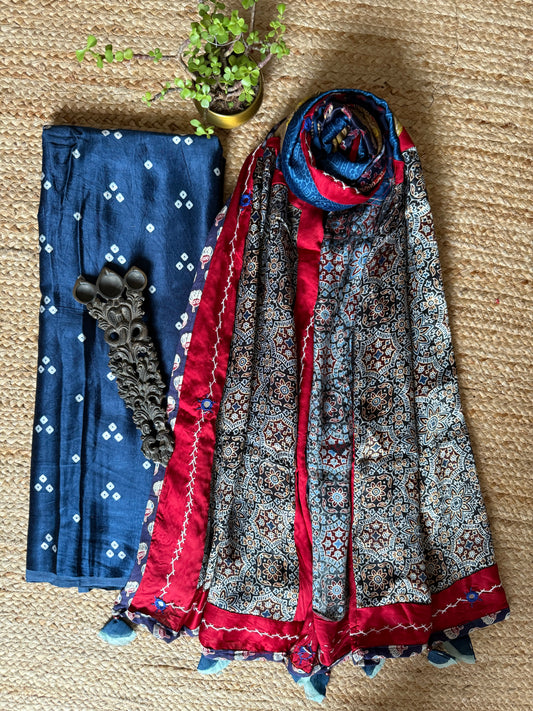 BLUE MASHRU SILK KURTA WITH AJRAKH PATCHWORK  HANDCRAFTED  MODAL SILK DUPATTA PWK-17