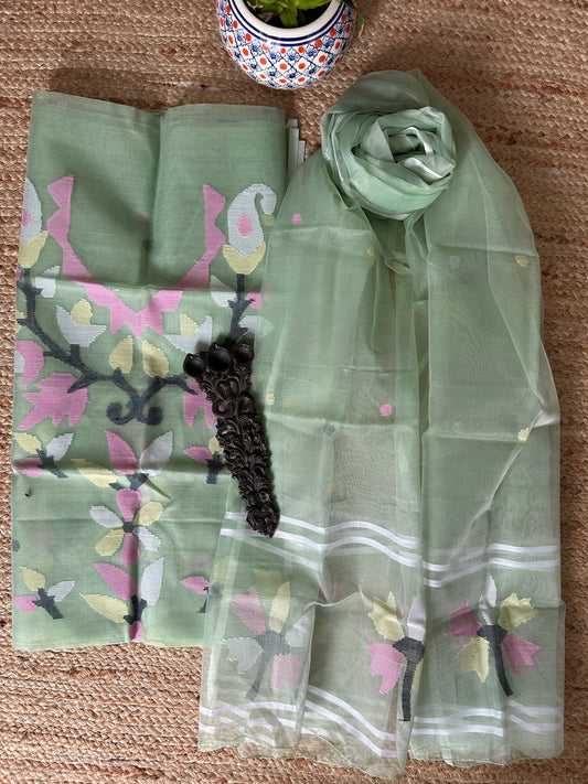 PASTEL GREEN HANDWOVEN JAMDANI PURE MUSLIN SILK KURTA SET MJK-59