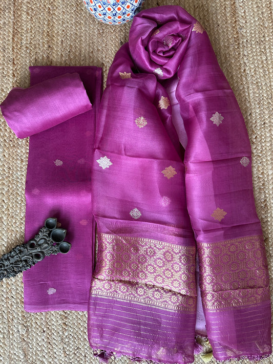 Purple Kora silk  certified handloom Banarsi Booti three piece suit