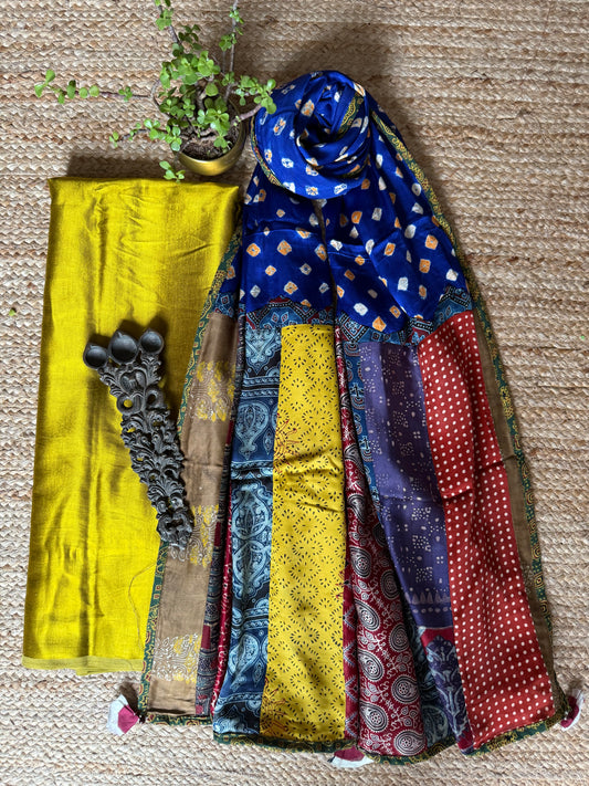 MUSTARD MASHRU SILK KURTA WITH AJRAKH PATCHWORK BANDHANI HANDCRAFTED  MODAL SILK DUPATTA PWK-8