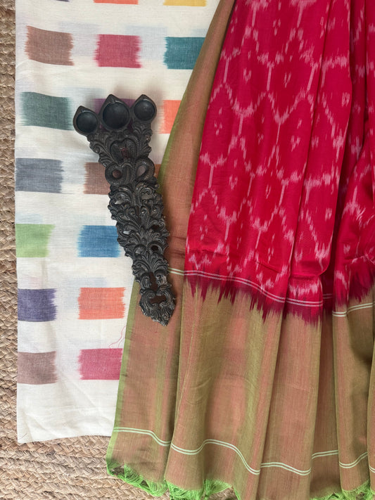 WHITE MULTI MERCHANDISE COTTON HANWOVEN KURTA WITH IKKAT PURE COTTON SILK PATOLA HANDWOVEN DUPATTA