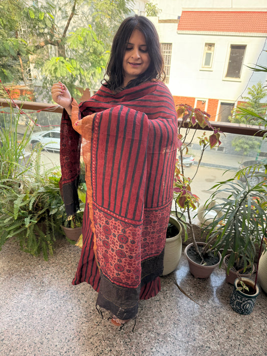 MAROON AJRAKH LINEN SILK HANDBLOCK SUIT SET AL-302