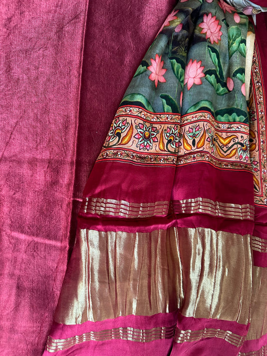 MAROON  MASHRU  SILK KURTA WITH PATOLA PRINT MODAL SILK DUPATTAS