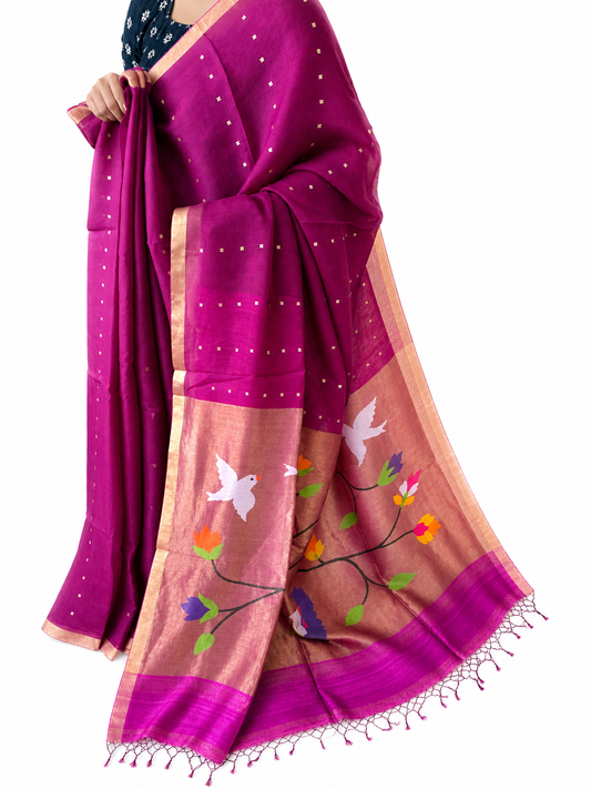 Pompadour Purple Jamdani sequence work handwoven pure muslin silk sari With Paithani Jamdani Pallu  and  Matka Silk Blouse Piece