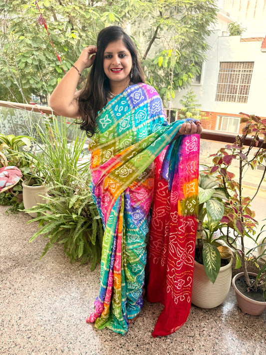 MULTI COLOUR & RED GAJJI SILK GHARCHOLA RAI BANDHANI GAJJI SARI  BS- 2014