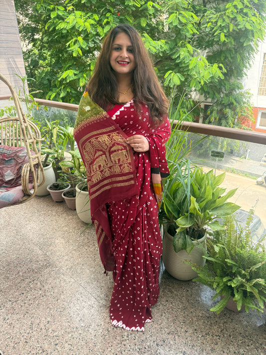 Maroon modal silk bandhani  handcrafted with pichwai print sari in nakshi elephant  border