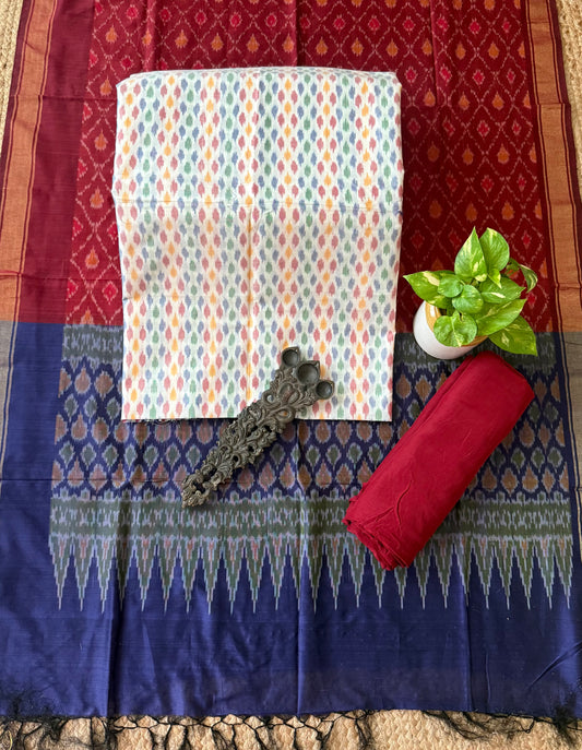White multi ikkat pure silk cotton hanwoven kurta with Bottom ikkat pure silk patola handwoven dupatta