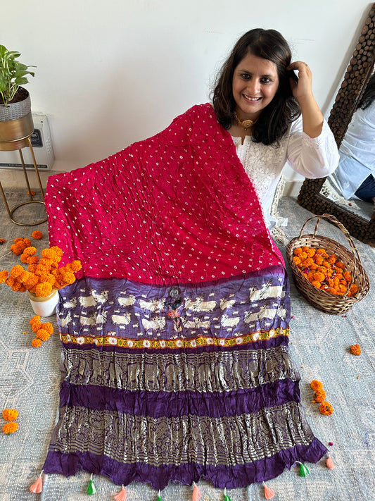 PINK PURPLE SILK BANDHANI DUPATTA WITH PICHWAI PRINT IN NAKSHI BORDER