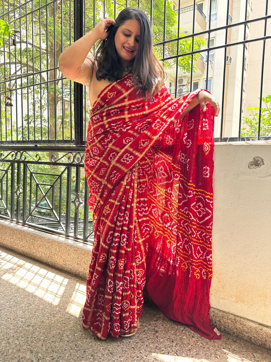 MAROON GAJJI SILK RAI BANDHANI  GHARCHOLA SARI