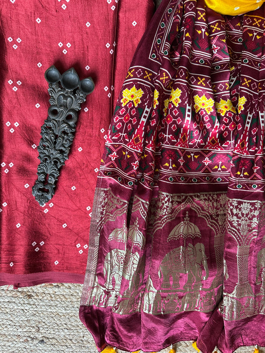 MAROON MASHRU KURTA WITH BANDHANI PATOLA HANDCRAFTED  MODAL SILK DUPATTAS PS-1043