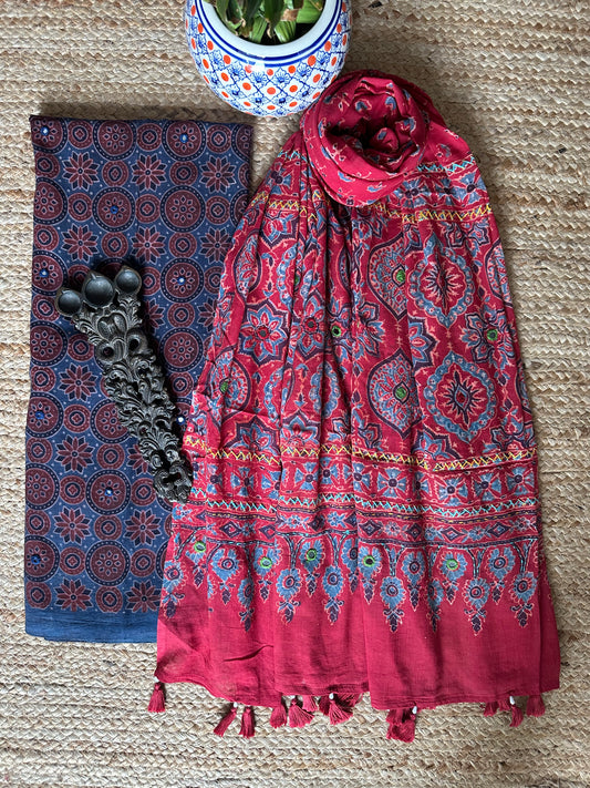 BLUE AJRAKH HANDBLOCK AND HAND EMBROIDERY KURTA WITH  AJRAKH HAND EMBROIDERY DUPATTA