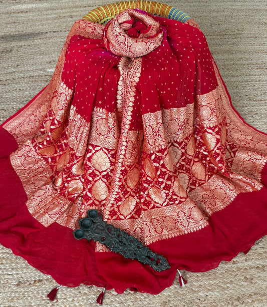Cherry Red & Pink ombie handwoven neemzari bareek bandhani in khaddi premium georgette dupatta bd-205