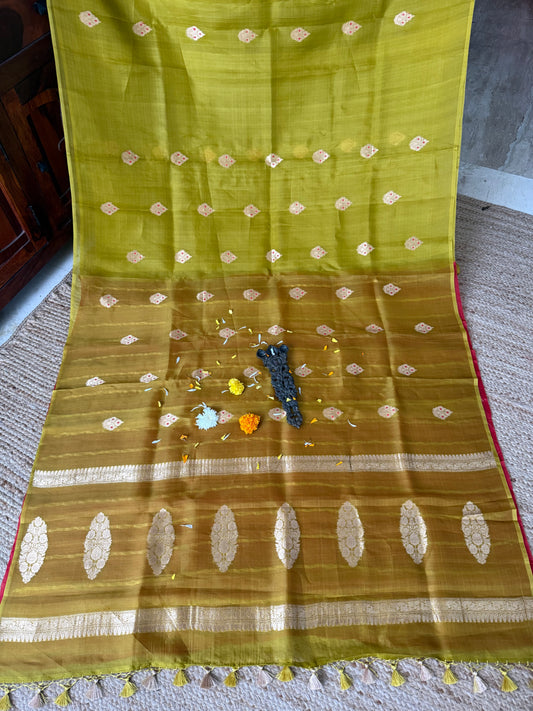 Olive Brown Kora silk certified  handloom banarsi sari with woven zari