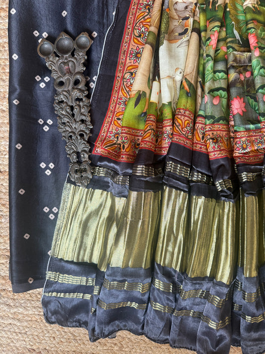 Black mashru  silk kurta with patola handcrafted modal silk dupatta ps- 1048