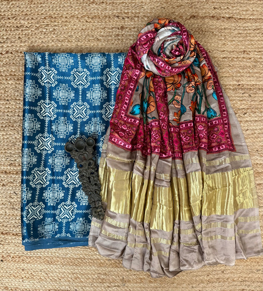 Blue patola mashru silk kurta with  patola pichwai handcrafted modalsilk dupatta ps-247