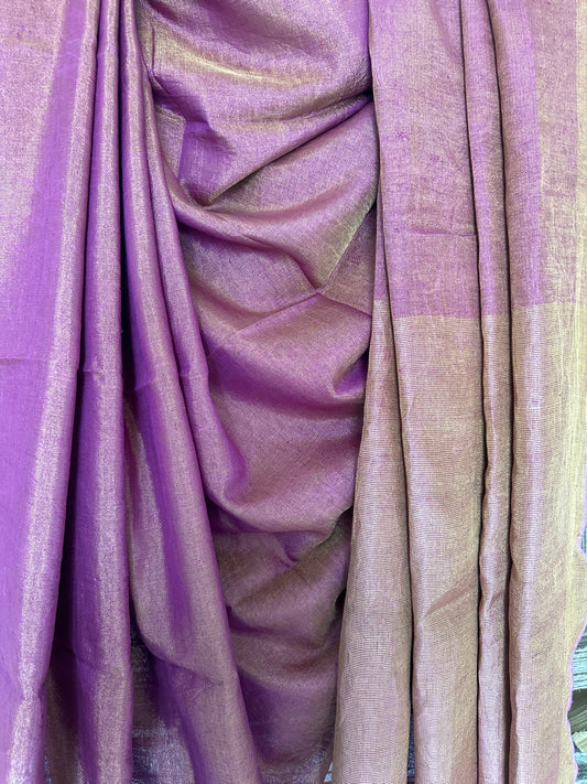 PURPLE PINK SILVER TISSUE LINEN ZARI SARI WITH WOVEN RED BORDER