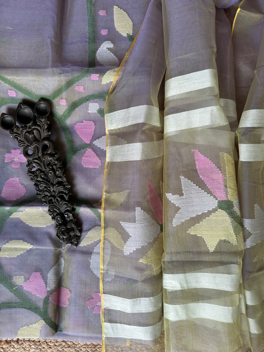 OLIVE GREEN & BLUE DUAL SHADE HANDWOVEN JAMDANI PURE MUSLIN SILK KURTA SET MJK-74