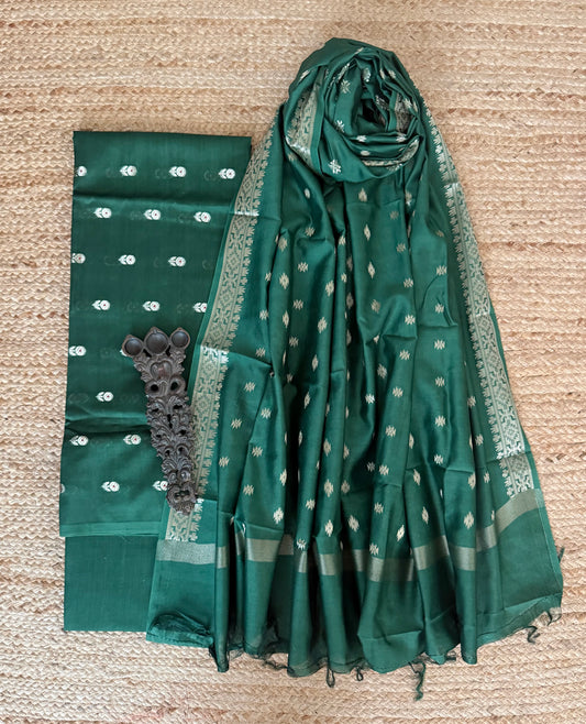 Hunter Green Chanderi handloom  banarsi booti three piece suit