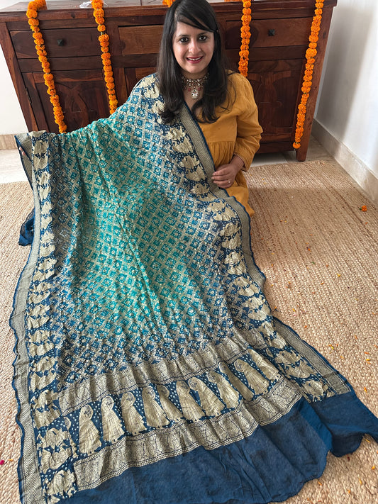 Crystal teal Turquoise Dual shade Handwoven NeemZari Bareek Bandhani in Khaddi Georgette dupatta BD-1023