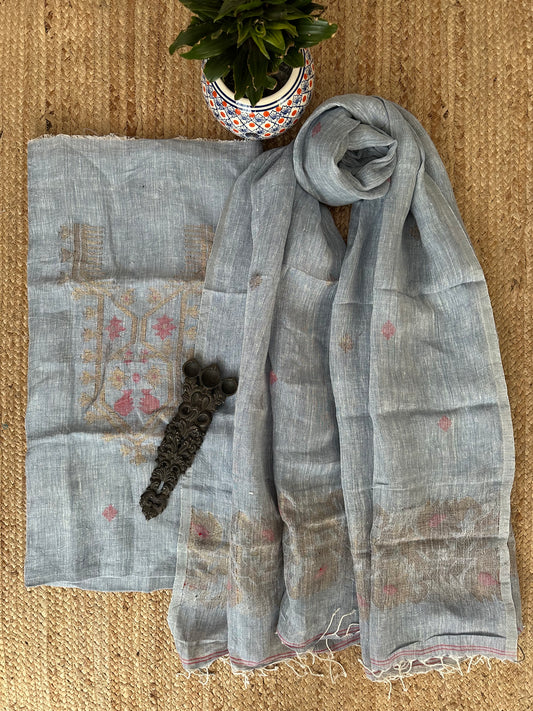BLUE GREY JAMDANI WOVEN LINEN  KURTA SET LJS- 1030