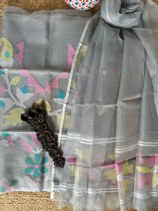 GRAY HANDWOVEN JAMDANI PURE MUSLIN SILK KURTA SET MJK-49